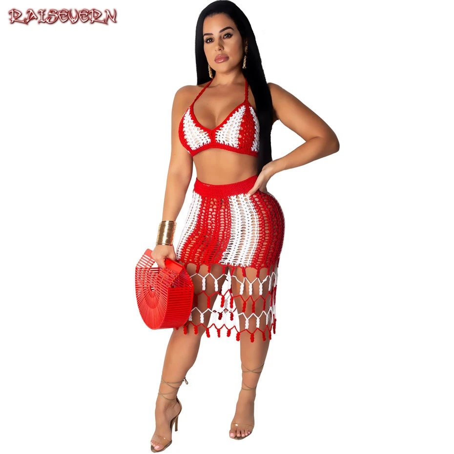

2019 Hand Knit Fishnet Hollow Sexy 2 Piece Outfits for Women Summer Crop Top and Crochet Skirt Suits Two Piece Matching Sets