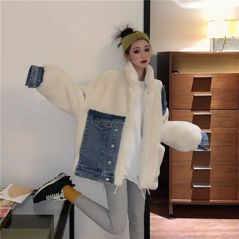 Women Lamb Patchwork Cowboy Jacket Fashion Winter Pockets Denim Jacket Casual Loose Overcoat Loose Coat