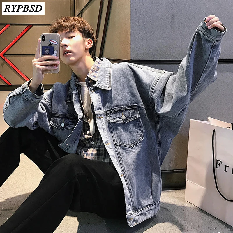 

2019 Spring Men's Cowboy Clothes Loose Coats Streetwear Brand Outerwear Bomber Denim Jackets Black/blue Color Windbreaker M-XL