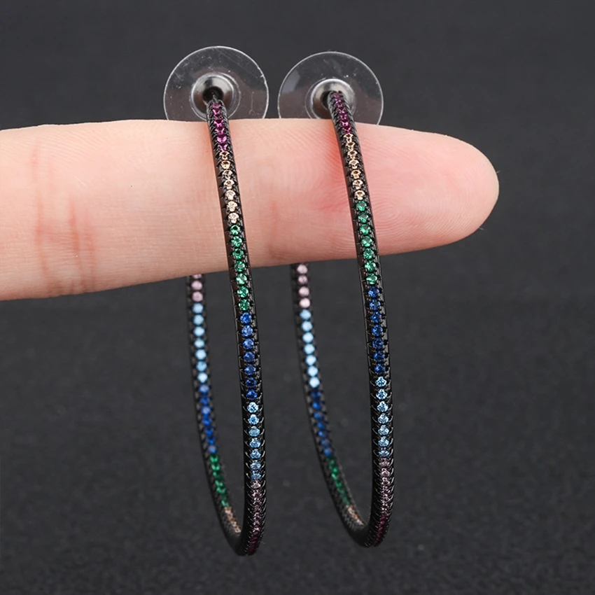 Разноцветные серьги-кольца с фианитами для женщин, женские серебряные/черные серьги для вечеринок - Окраска металла: HBD0105