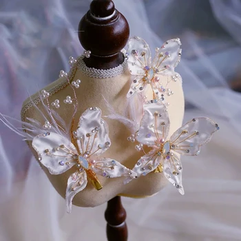 

European Butterfly Flower Brides Hair Sticks Crystal Bridal Hairpins Headdress Wedding Hair Accessory Evening Hair Jewelry