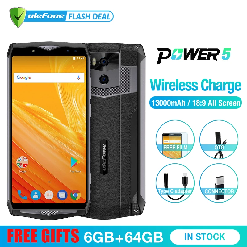 

Ulefone Power 5 13000mAh 4G Smartphone 6.0" FHD MTK6763 Octa Core Android 8.1 6GB+64GB 21MP Wireless charge Fingprint Face ID