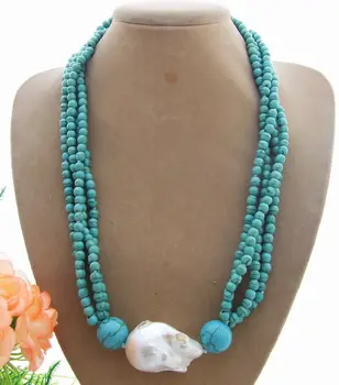 

30MM Bead-Nucleated White Pearl Turquoise Necklace 20"