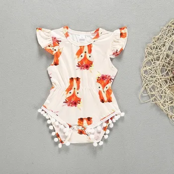 

New Girls' Children's Clothing Ruffled Flying Sleeve Fox Print Baby One-piece Romper Romper Toddler Romper Pudcoco Baby Girl