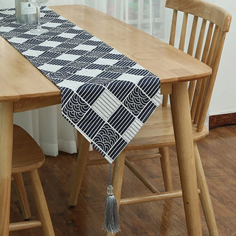 

Japan style cotton and linen ukiyoe weave pattern table runner ripple table flag tea table shoe cabinet cover with tassels