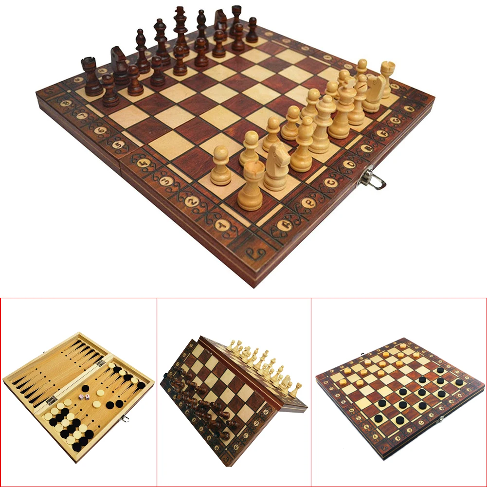 3 in 1 Hand Made Wooden Board Game Set Travel Games Chess Backgammon Draughts