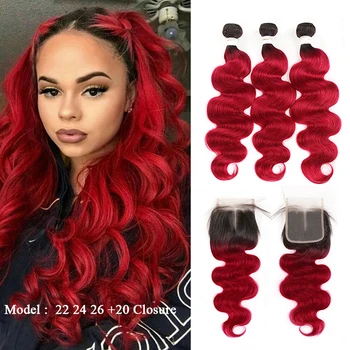 

T1B 99J/Burgundy Human Hair Bundles With Closure 4x4 Brazilian Body Wave 3 Bundles With Closure Non-Remy Hair Weave Bundles SOKU