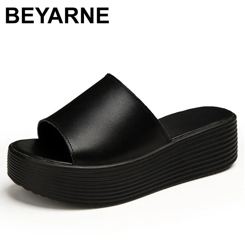 BEYARNEflat/кроссовки на платформе; женские летние сандалии; кожаная обувь с открытым носком; обувь без шнуровки; шлепанцы без задника; цвет черный, белый; sneakersE013