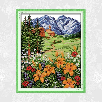 

Joy sunday Snow Mountain in Spring Cross Stitch kits DMC Counted Printed on Canvas Embroidery Sets DIY Handmade Needlework