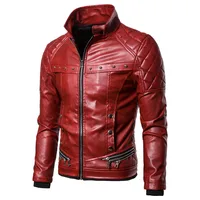 ABOORUN Mens Punk Rivet Zipper Leather Jacket Detachable Fur Collar Red Black Slim Motorcycle Biker Thicken Leather Jacket R2938 2