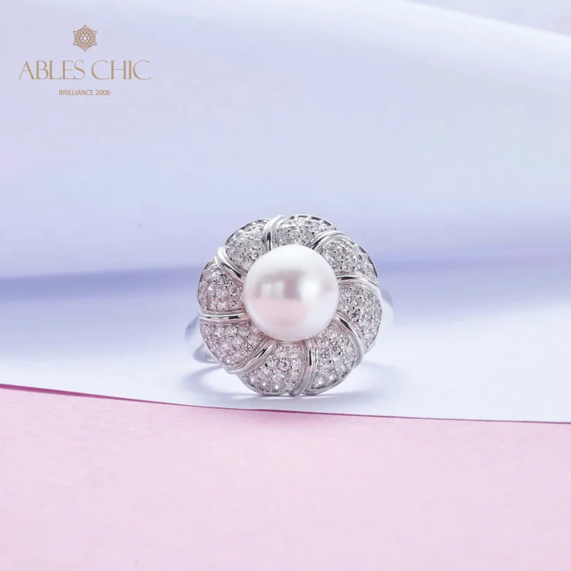 

18K Gold Tone Akoya Sea Pearl Delicate Paved Flower Ring Renaissance Solid 925 Silver Big Refined Wedding Rings C11R1S25783