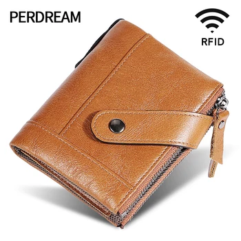 

New double zipper short men's wallet leather zipper buckle anti-magnetic coin clutch oil wax leather wallet