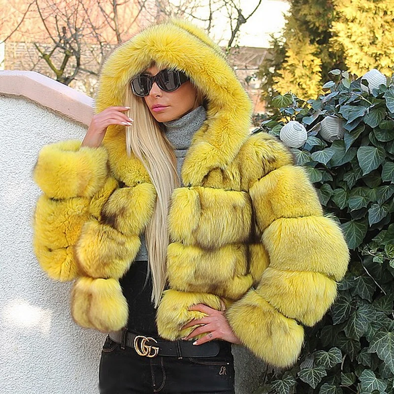 New Women Real Fox Fur Hooded Winter Coats And Jackets Women's Natural Stripe Genuine Fur Outerwear - Цвет: yellow