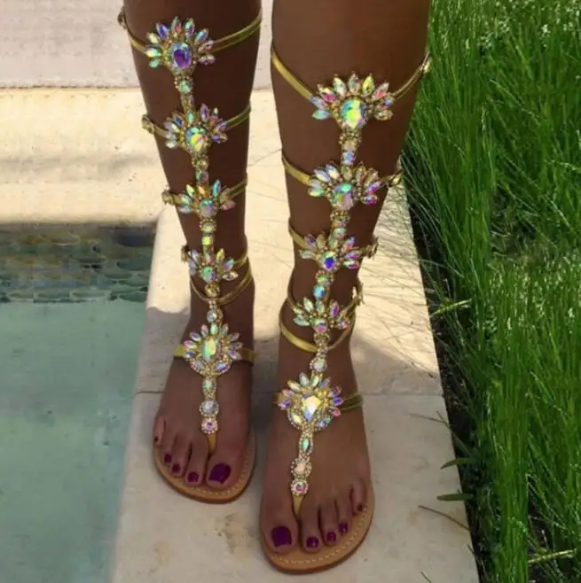 

Size code pin foot sand boots gold chain explosion models rhinestone female knee high Roman style