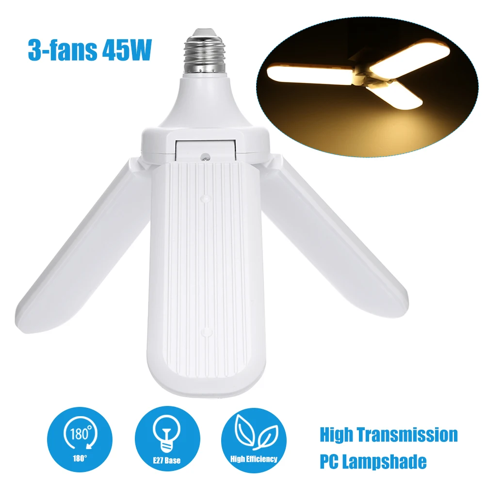 3 fans 45W 60 Вт E27 светодиодный светильник, супер яркий Складной вентилятор, Регулируемый угол наклона, потолочные лампы, домашнее энергосберегающее ночное освещение, переменный ток 95-265 в - Испускаемый цвет: 3 fans 45W