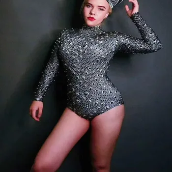 

Women's Black Rhinestones Outfit Bodysuit Glisten Bodysuit Costume Birthday Celebrate Singer Dance Performance Jumpsuit DJ