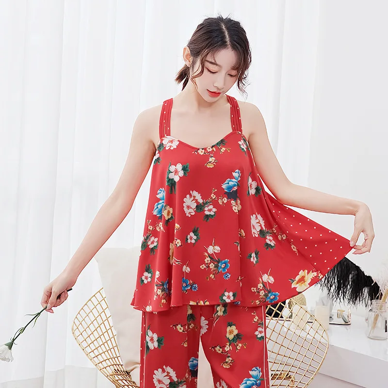 

New Pajamas Women Spring And Summer Simulation Silk Sling Lace Beautiful Back Trousers Suit Two-Piece Suit Home Service