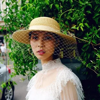 

Retro elegant Hepburn wind mesh yarn big brim wheat straw sunscreen beach grass hat shade holiday hat