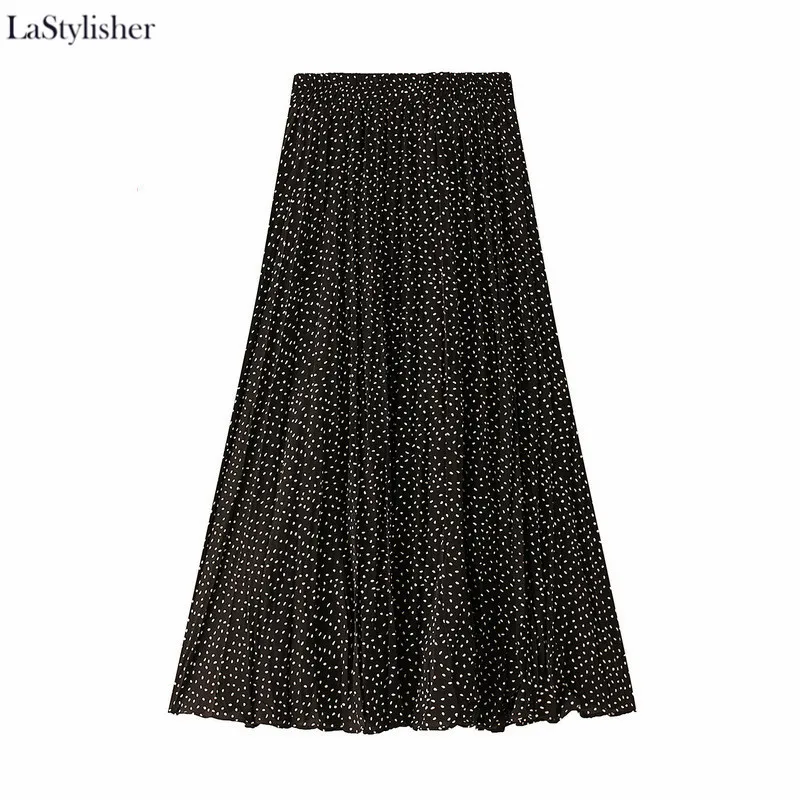 black dot LaStylisher/бархатные теплые юбки для женщин; сезон осень-зима; юбка в горошек с цветочным рисунком; трапециевидные длинные женские плиссированные юбки; модная женская одежда - Цвет: black dot