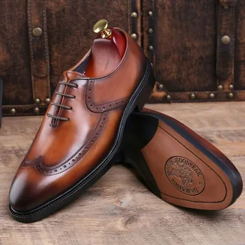 

2019 Classic Black Brown Genuine Leather Business Shoes Men Luxury Brand Lace Up Round Toe Formal Dress Derbies Shoes