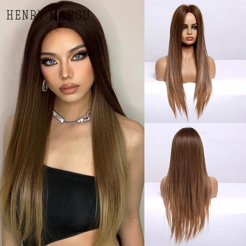 HENRY MARGU Long Straight Brown Synthetic Wigs Ombre Brown Straight Natural Hairs for Women Daily Cosplay Party Heat Resistant