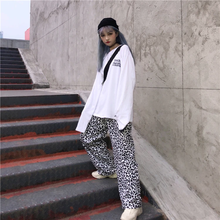 Новая женская Harajuku винтажная белая леопардовая эластичная резинка на талии широкие брюки женские уличная хип-хоп длинные брюки повседневные брюки