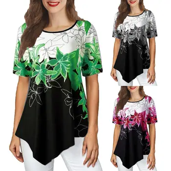 

Women Casual O Neck Short Sleeve Irregular Hem Floral Print Blouse Loose T-shirt Perfect to match with leggings