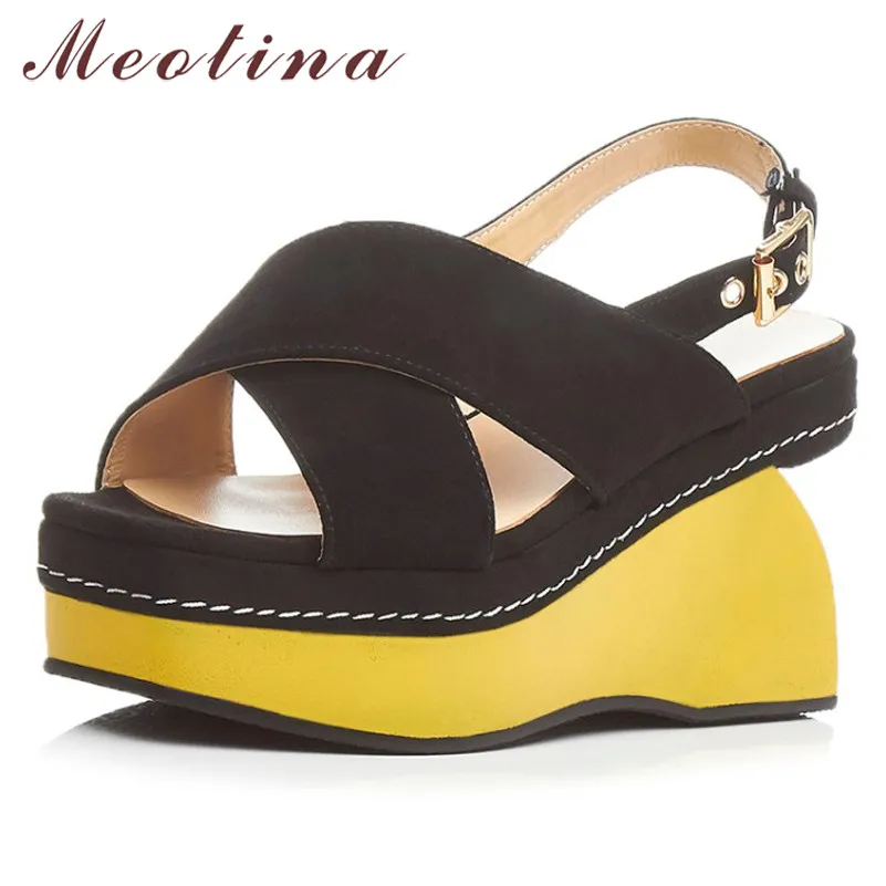 

Meotina Women Sandals Platform Wedge Heels Shoe Square Toe Female Footwear Buckle Super High Heel Sandals Lady Summer Pink Black