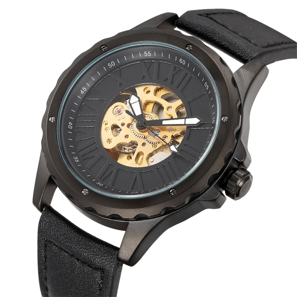 Часы мужские механические с кожаным ремешком и автоматическим циферблатом |