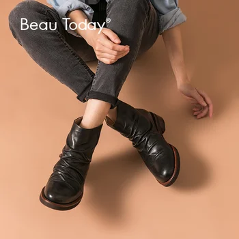 

BeauToday Women Ankle Boots Pleated Design Genuine Cow Leather Round Toe Back Zipper Winter Fashion Lady Boots Handmade 03289