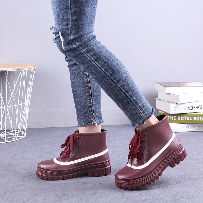 Rouroliu Ankle Rain Boots Women Hot Fashion Waterproof PVC Shoes Non-Slip Work Water Boots Lace-up Rain Boots