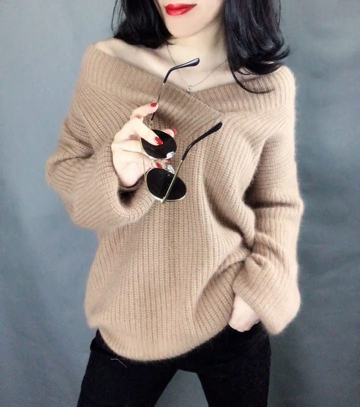 Свитер из чистого кашемира Женская мода Свободный v-образный вырез универсальные плюшевые пуловеры свитер базовое пальто