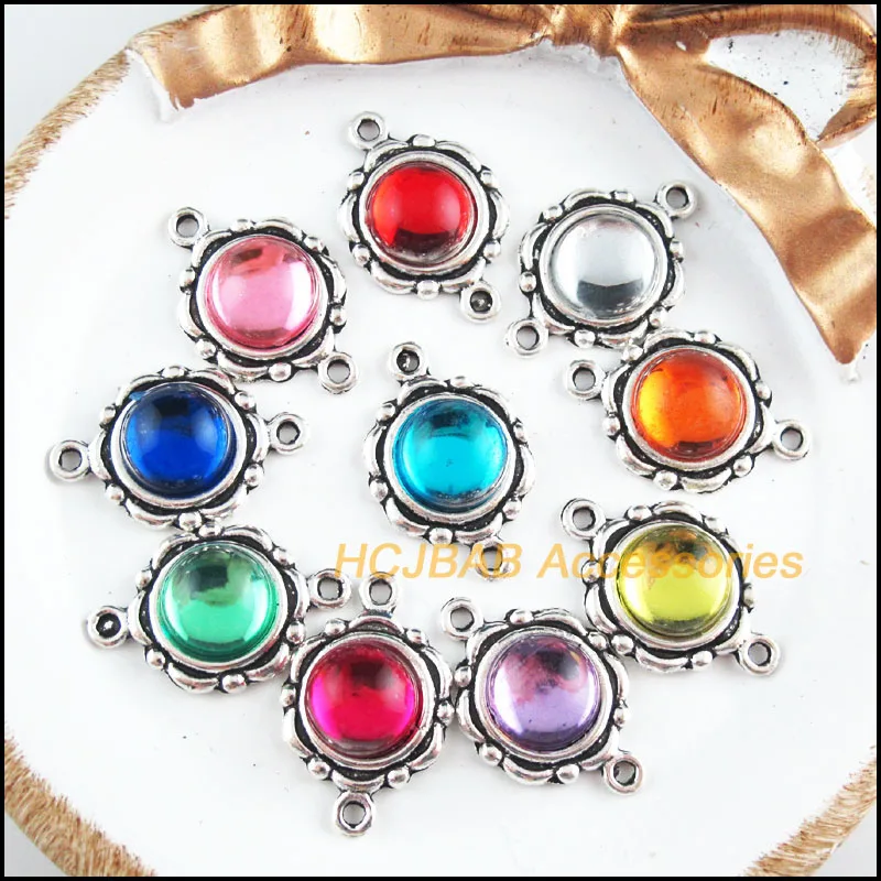 20Pcs Tibetan Silver Tone Flower Mixed Acrylic Round Charms Connectors 15.5x23mm