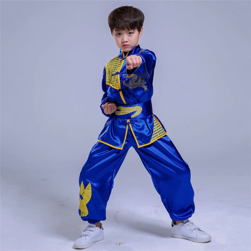 Boy Chinese Traditional Wushu Kung Fu Clothing Set For Kids Sequin Dragon Embroidery Stage Performance Martial Arts Uniform