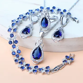 

925 Silver Bridal Jewelry Sets Blue Zircon Costume Christmas Wedding Gift Earrings Bracelet Rings Pendant Necklace Set For Women