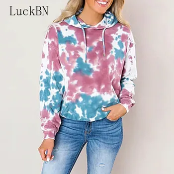

LuckBN Women Autumn Winter Hoodies Fashion Casual New Loose Hooded Ink-printed Double Pocket Long-sleeved Sweatshirts Female