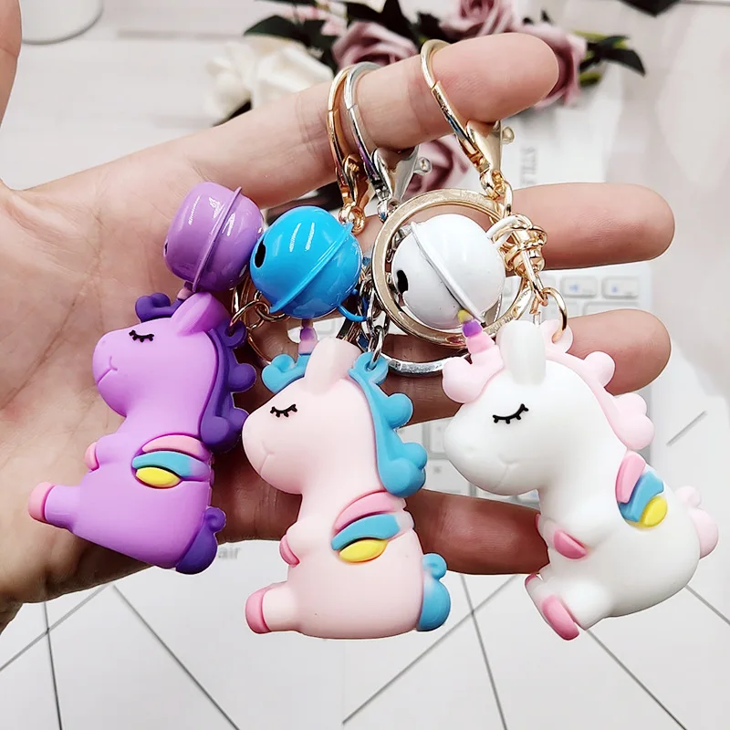 

Rainbow Unicorn Keychain for Girls Cartoon Bell Key Chains Women Car Styling Bag Charms Jewelry