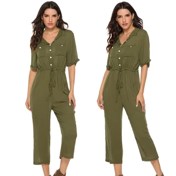 

Summer Women Half Sleeve Overalls Jumpsuit Buttons V-neck Wide Leg Long Pant Romper Casual Loose Office Work Overall Solid Color