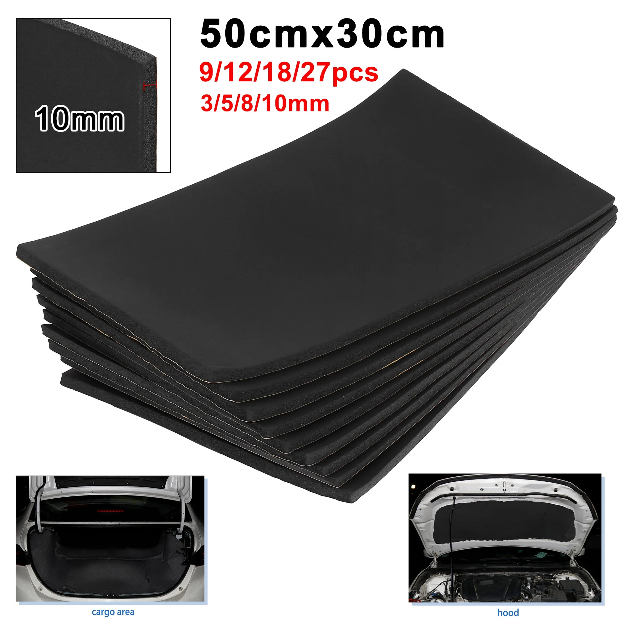 9x 10mm 30x50cm Car Sound Noise Deadening Heat Proof Shield Insulation Foam Pad 