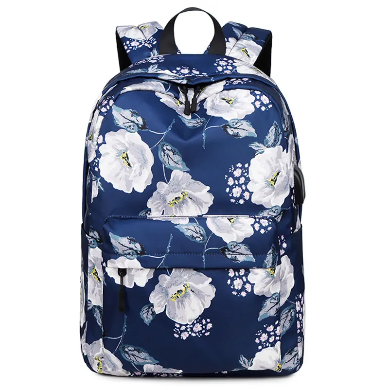 Dark Blue USB холщовый рюкзак для колледжа, школьный рюкзак, сумка с цветочным принтом, рюкзаки для ноутбука, Студенческая сумка для книг, дорожный рюкзак для женщин - Color: Dark Blue