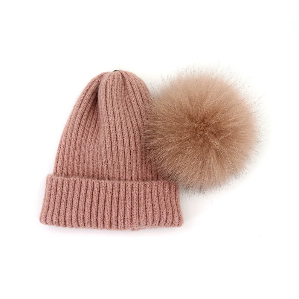 Wool ball cap 3 Новая Вязаная Шапочка натуральный шарик из меха лисы шапочки Теплая Зимняя женская шапка детская вязаная шерстяная шапка Толстая Женская шапка - Цвет: Wool ball cap 3