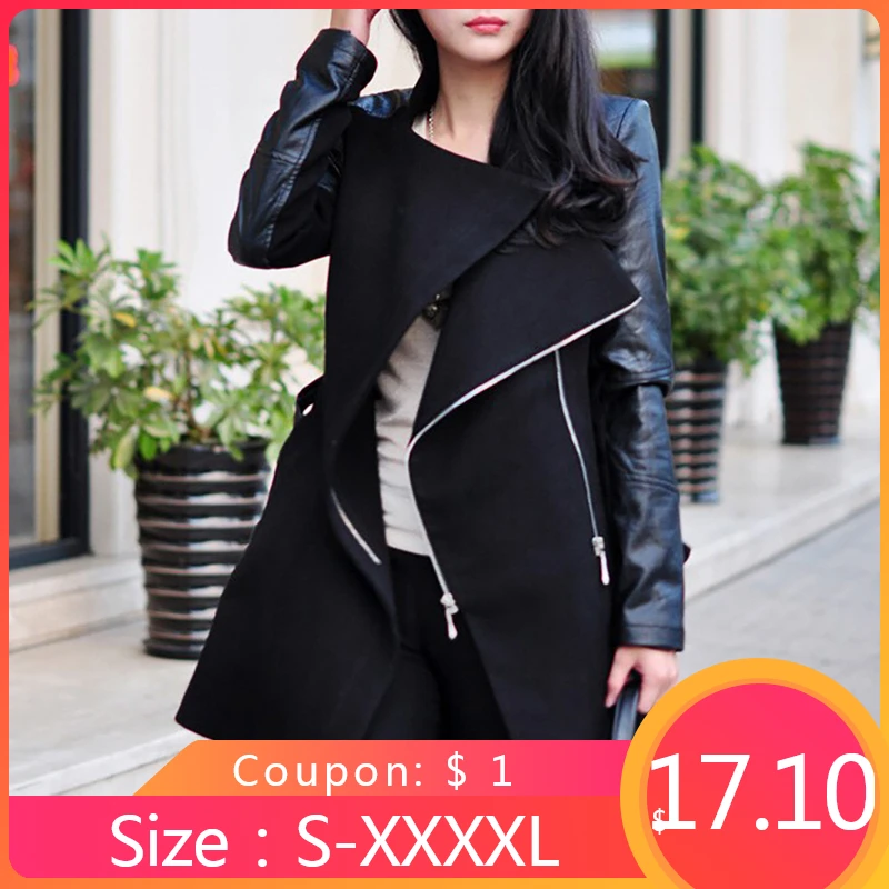 Womail, женские пальто из смешанной ткани, кожаное зимнее пальто в стиле пэчворк для женщин,, на молнии, одноцветная длинная куртка, осеннее пальто, casaco feminino F713