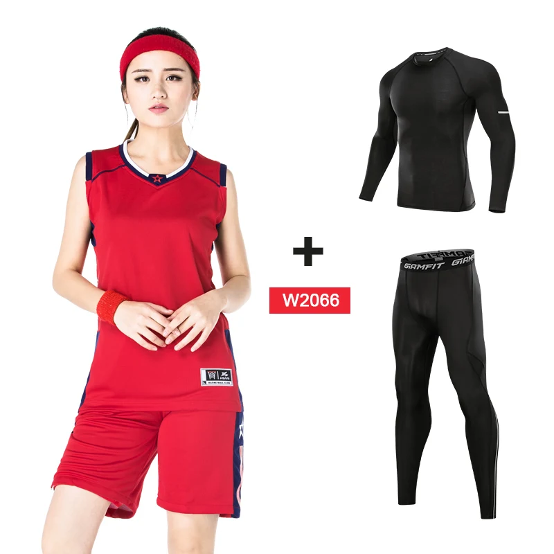 W2066 red suits Компрессионные спортивные костюмы для баскетбола, трико для бега, женские леггинсы для бега, одежда для фитнеса, тренажерного зала, трикотажные баскетбольные штаны, 4 шт - Цвет: W2066 red suits