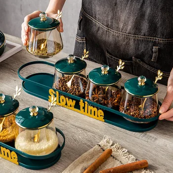 

Creative Golden Glass Jar Seasoning Bottle Household with Spoon Seasoning Box Salt Shaker Iron Storage Rack Kitchen Supplies