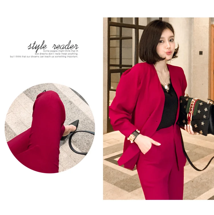 New Autumn Red Lady Fashion V-neck Office Work Elegant Two Piece Set Women Pant Suit High Quality With Sashes Casual