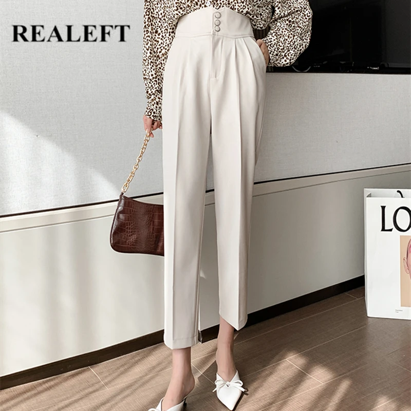 

REALEFT 2021 New Autumn OL Style Button Women's Harem Pants High Waist Office Formal Elegant Ankle-Length Trouser Pockets Female