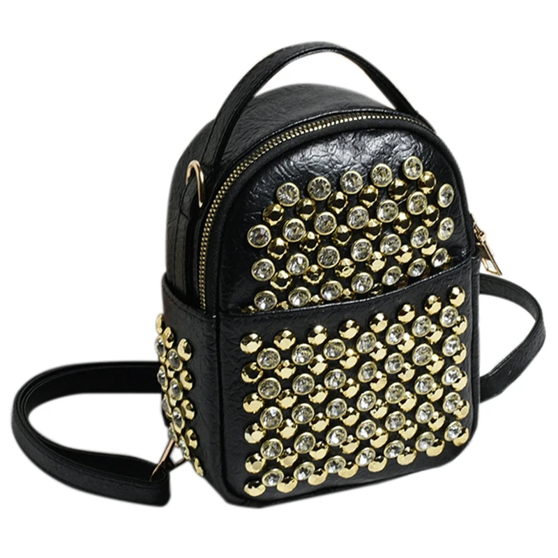 

Multifunctional Small Backpack Ladies Fashion Rivet Travel Bag Mini Diamond Pu Leather Backpack