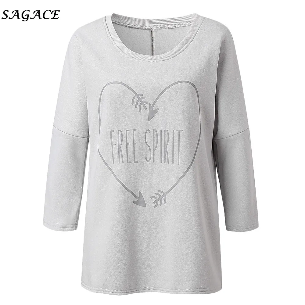  Sagace Tops Women Gray Round Neck Letter Print Loose Long Sleeve Velvet Top print Shirt Fashion Cas