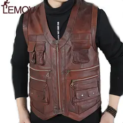 LEMOV брендовый жилет из натуральной коровьей кожи мужской жилет для фотографии с множеством карманов коричневая мотоциклетная куртка