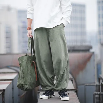 

Maden Men’s Casual Carpenter Pants Japanese Style Jogger Pants Oversize Loose Big Fat Pants With Drawstring Waist Green Khaki